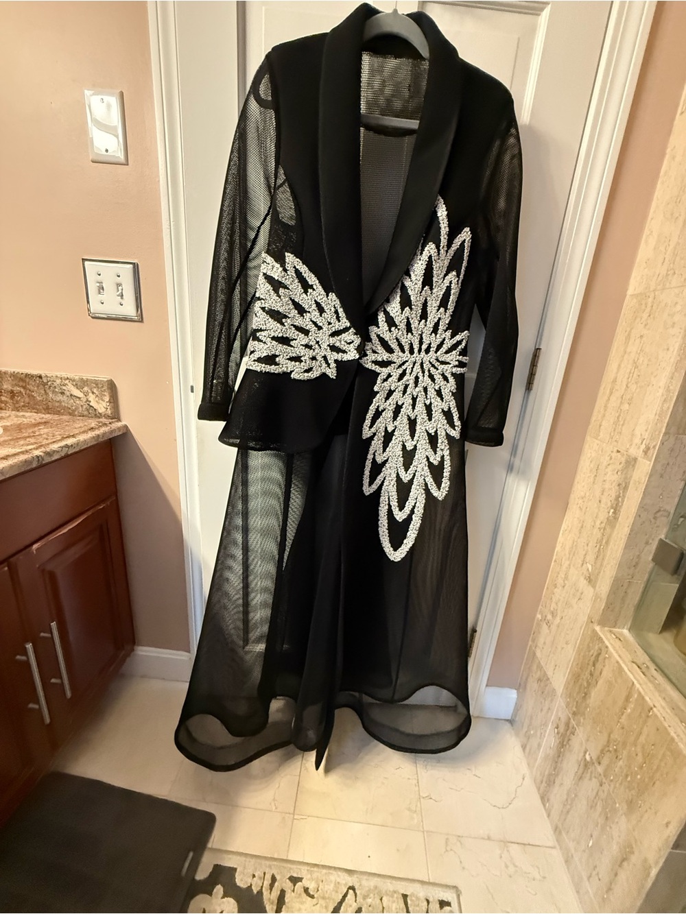 Elegant Black Mesh Long jacket with white/silver Embellishments. Very unique- XL